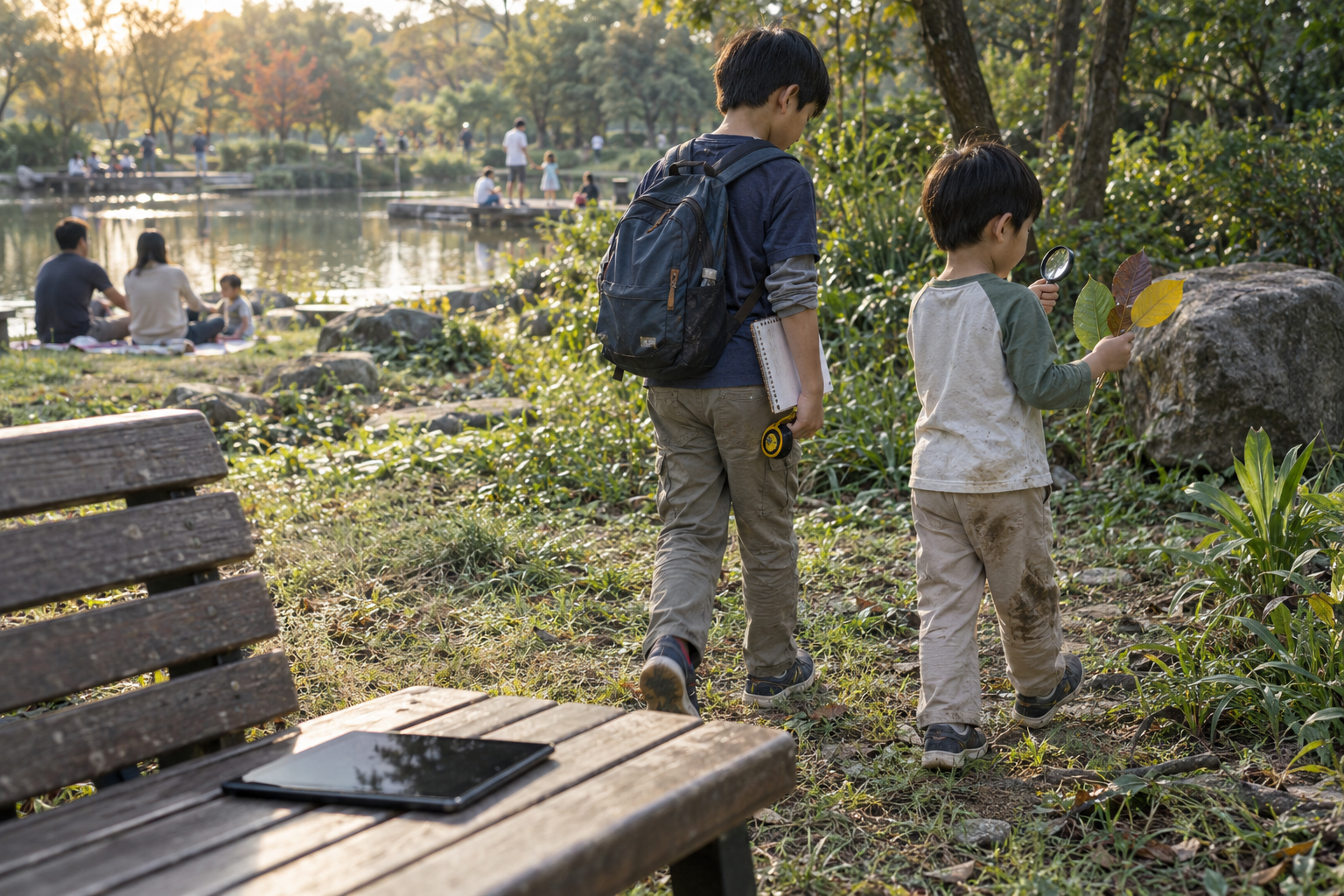 Two brothers leaving a tablet behind to investigate plants outdoors