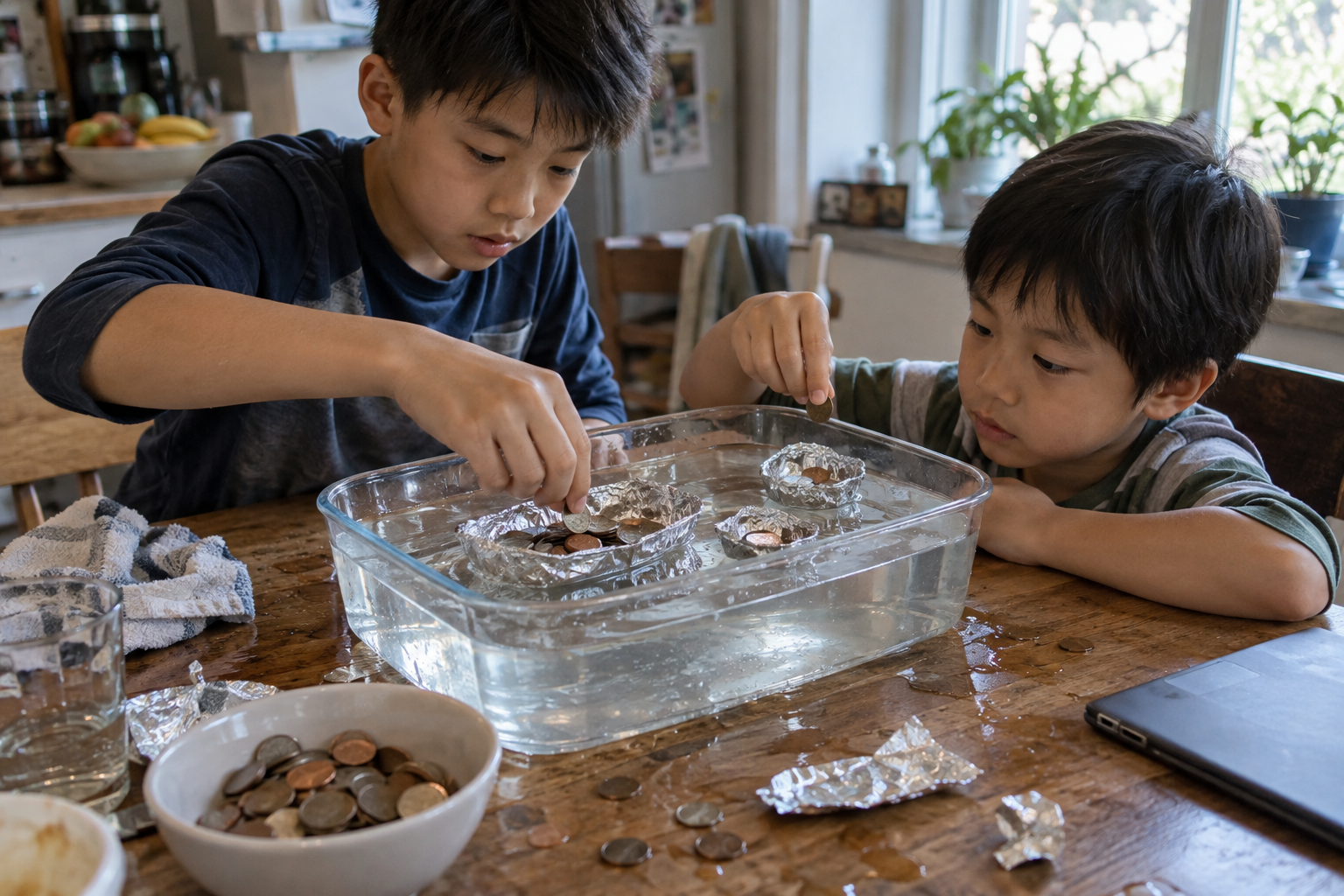 Two brothers testing handmade foil boats with coins