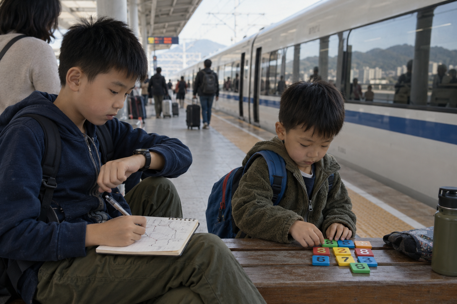 Two brothers completing different learning challenges beside a high-speed train