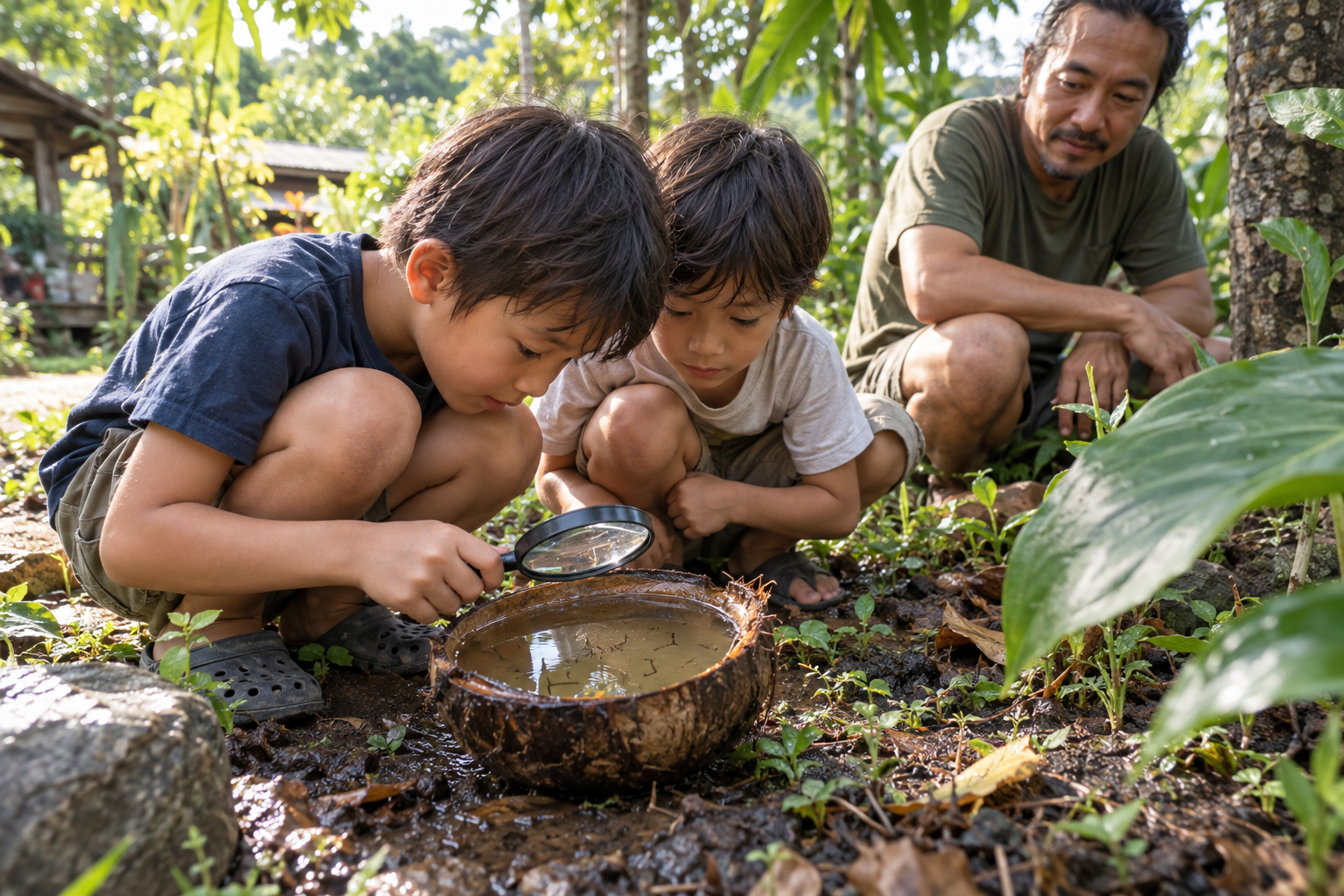 Two children examining mosquito larvae in rainwater while an adult watches nearby