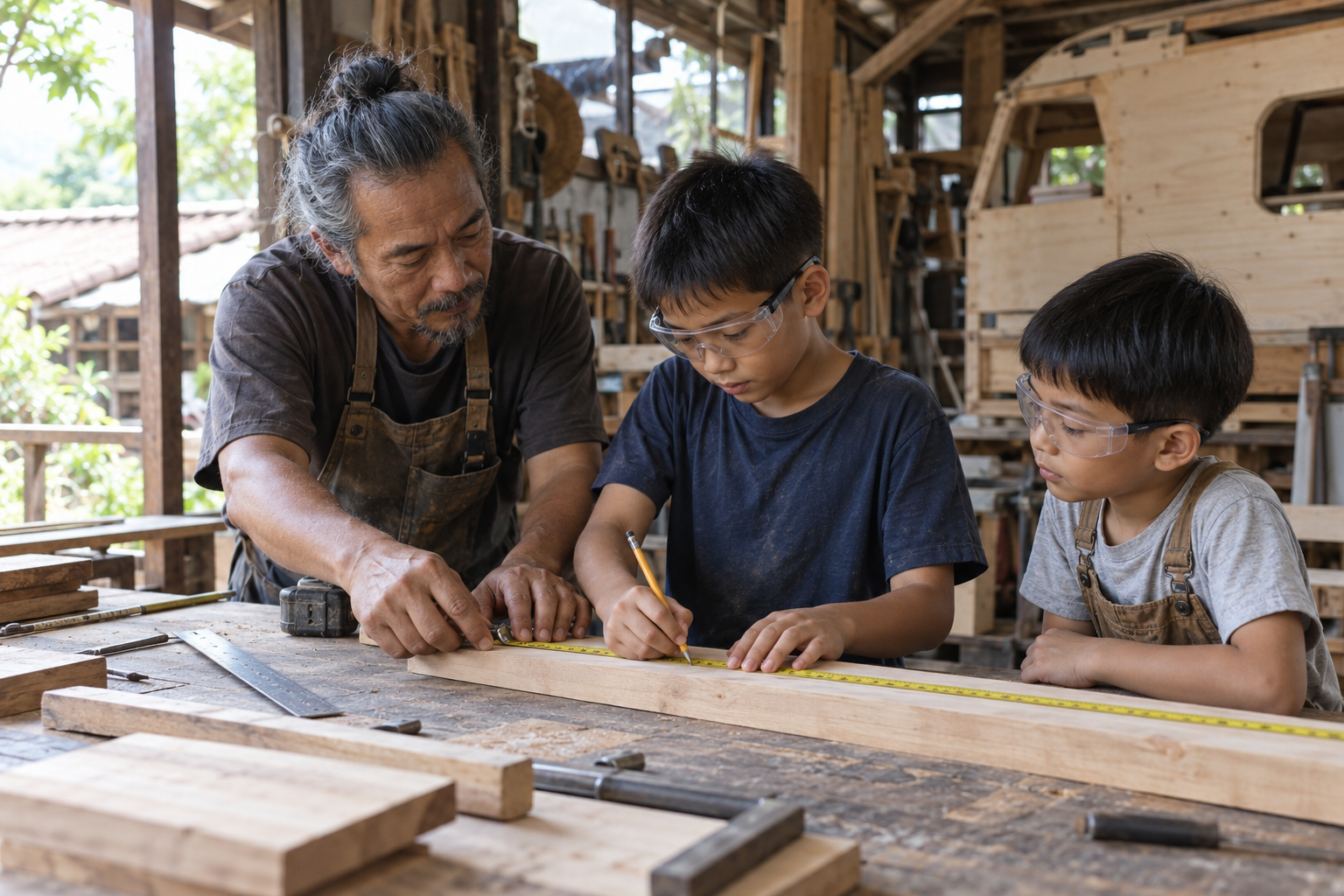 A Thai craftsperson teaching two children to measure wood in a workshop