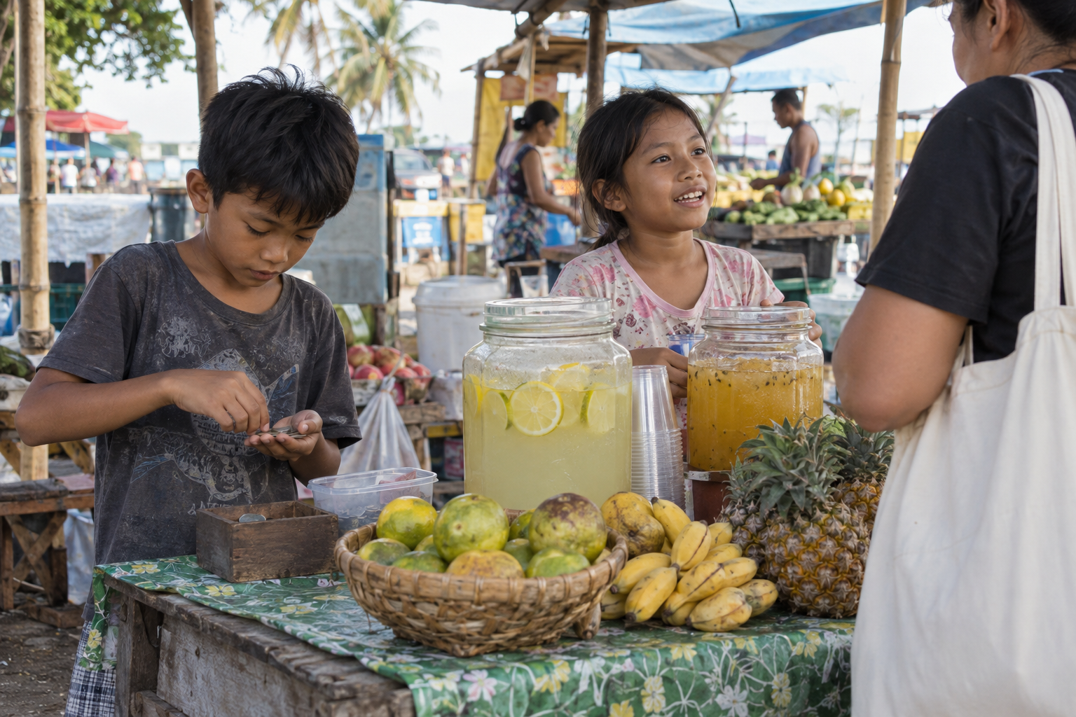 Children running a small fruit and drinks stand at a local market