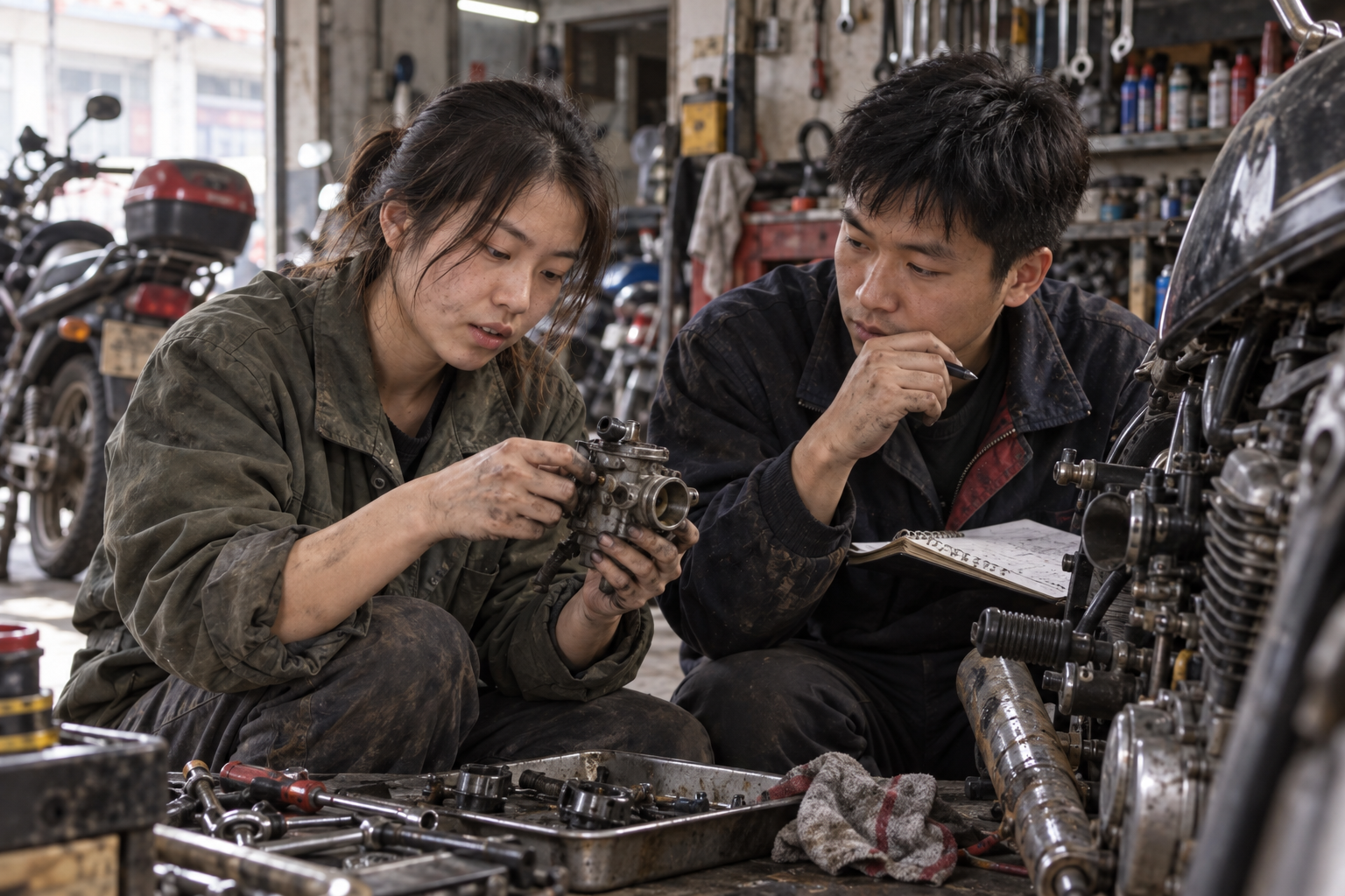 Young adults solving a practical problem together in a motorcycle repair shop