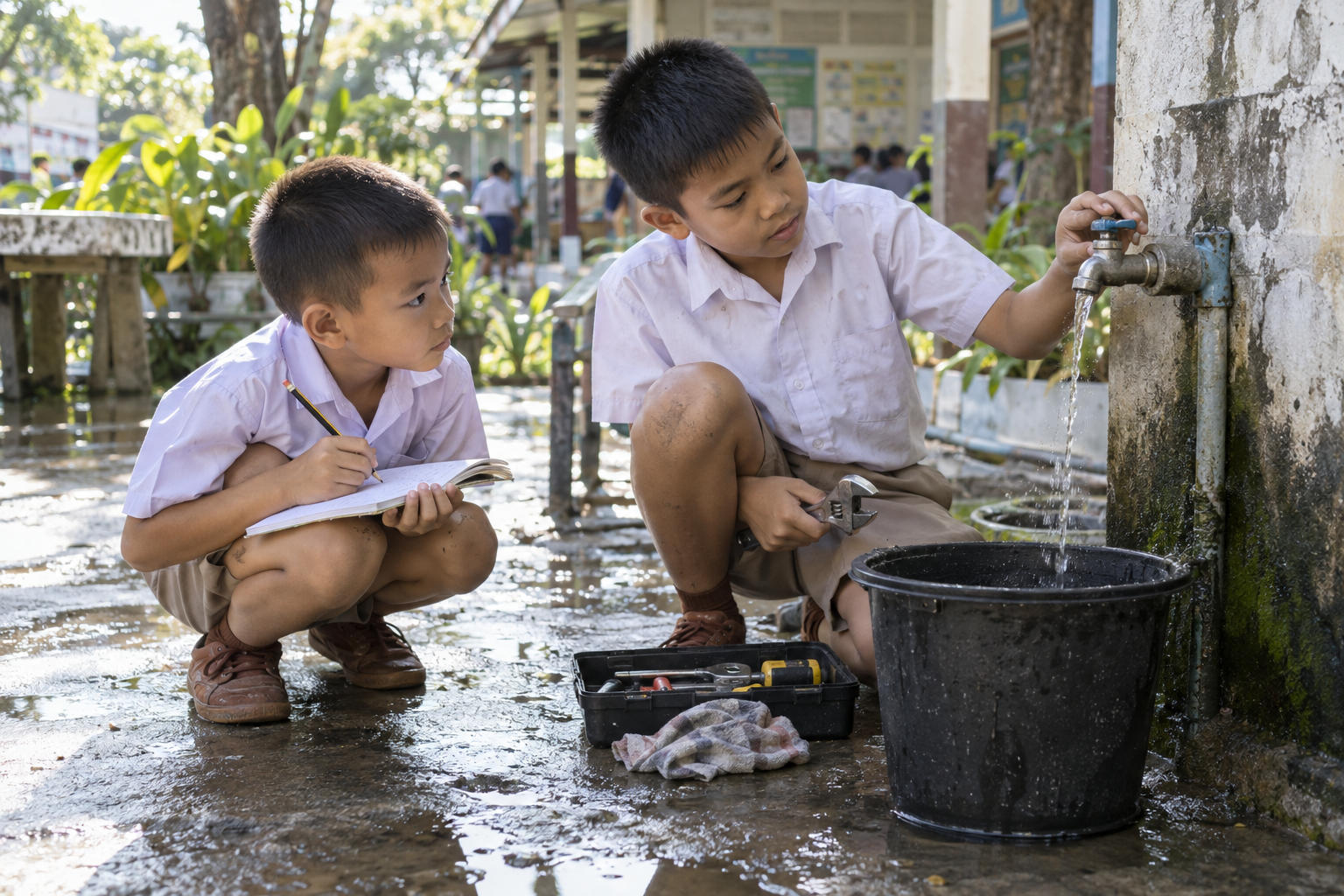 A father and two boys testing which household objects float in a basin
