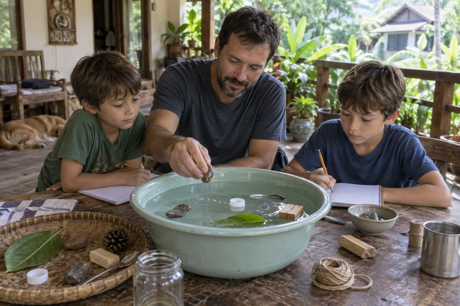 Two boys investigating a leaking tap at a tropical school