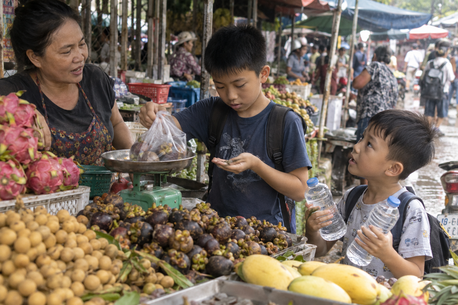 Two brothers weighing fruit, counting coins and comparing water at a market