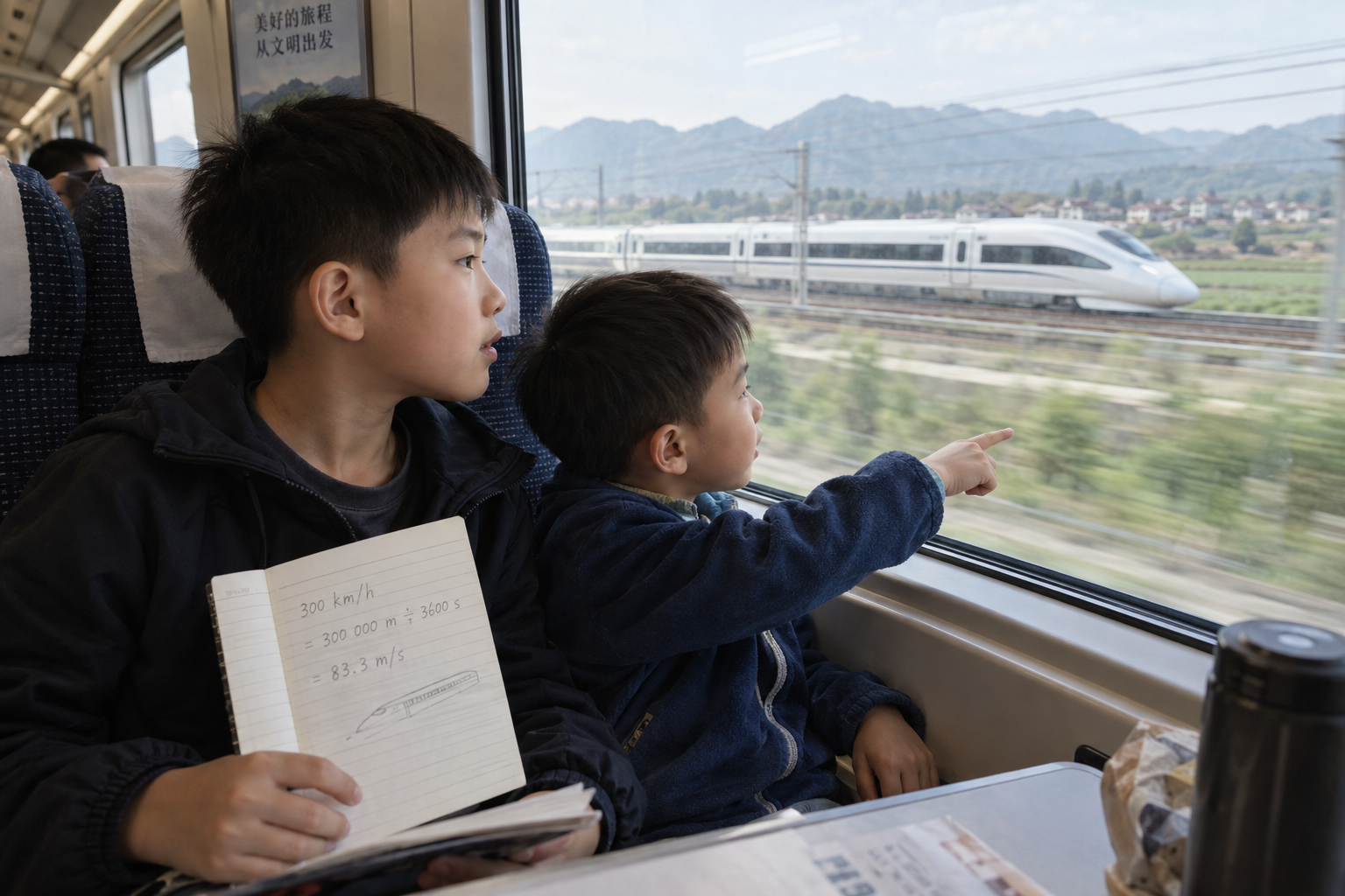 Two brothers watching a high-speed train while exploring its speed with a notebook