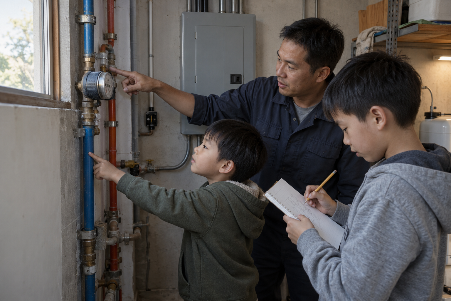 Two brothers learning how household water and electricity systems work