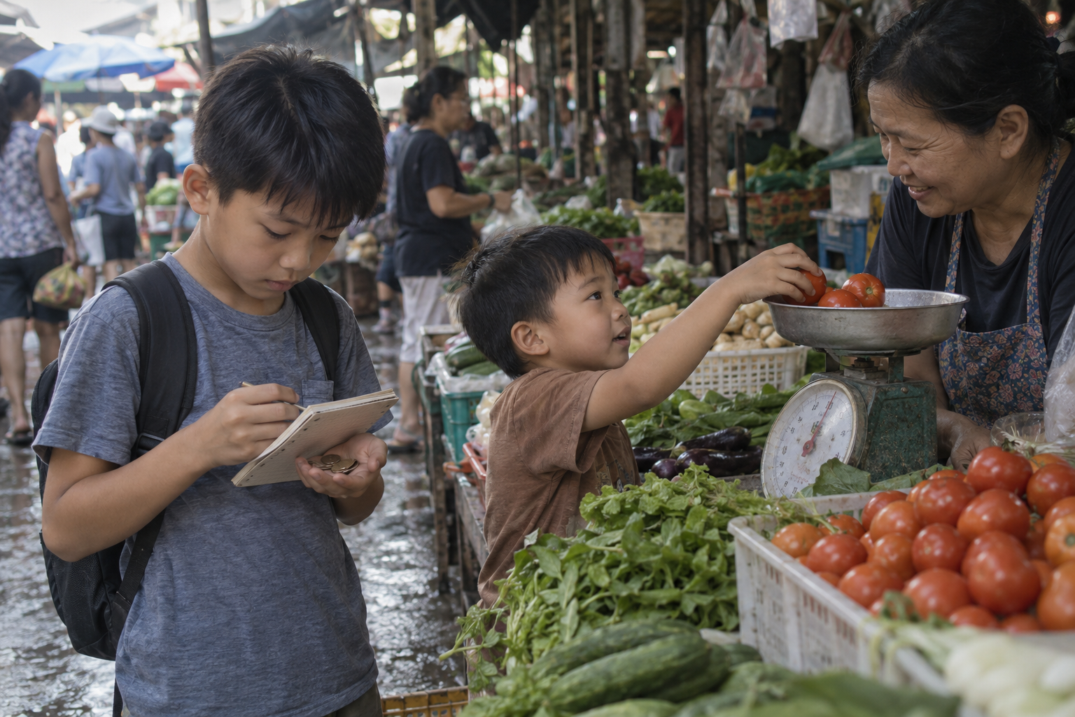 Two brothers learning about money, food and measurement at a market