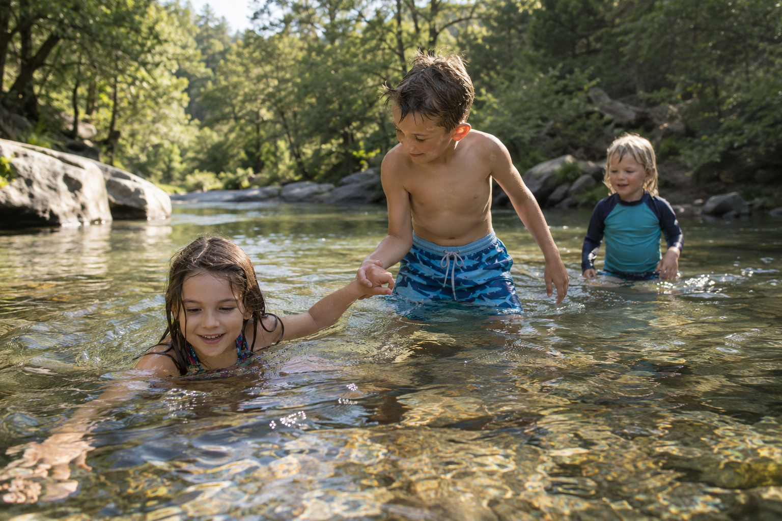 Three children helping one another explore a shallow forest creek