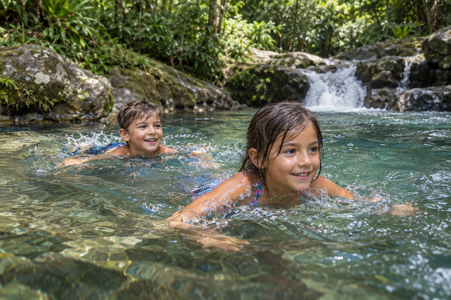 Children learning to swim in a clear natural river pool