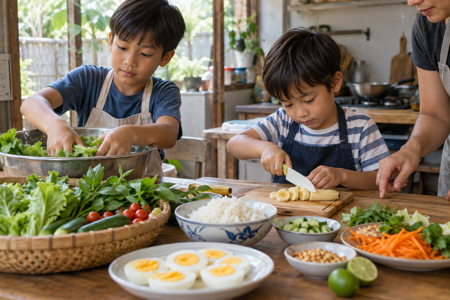 Two brothers preparing a healthy meal together in a family kitchen
