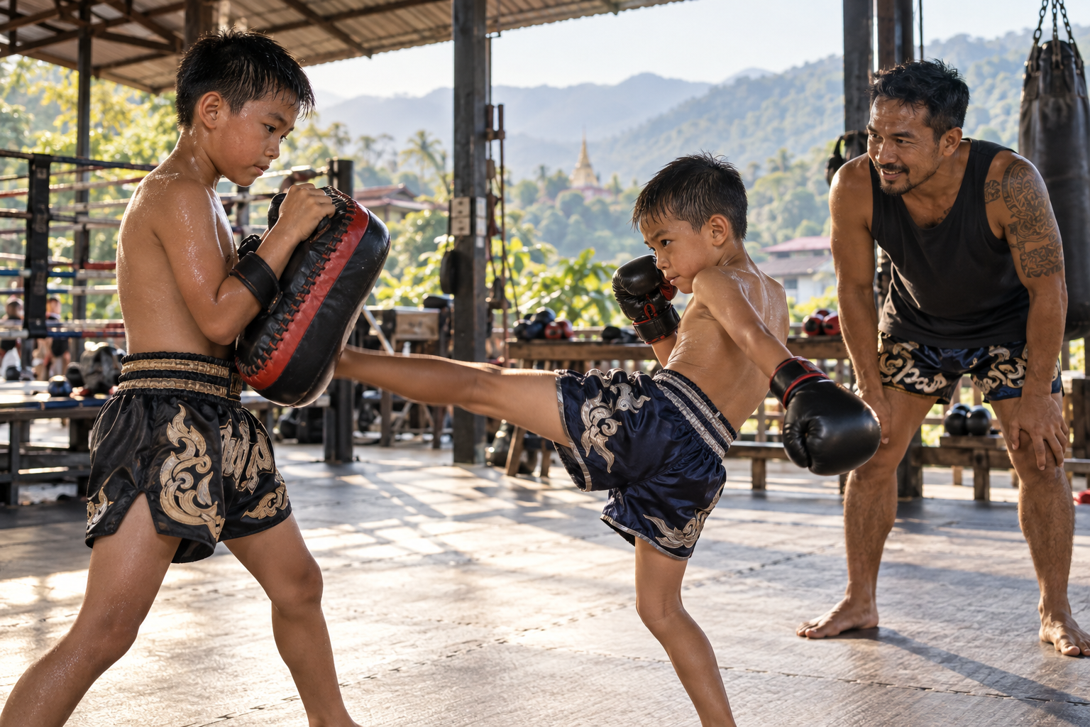 Two brothers practising Muay Thai with a coach in Chiang Mai