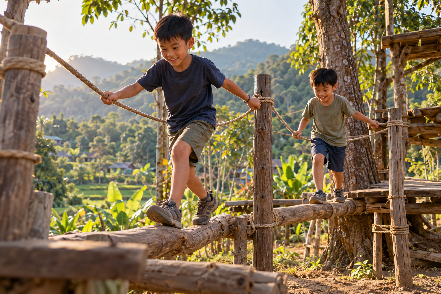 Two brothers balancing on a natural outdoor obstacle course