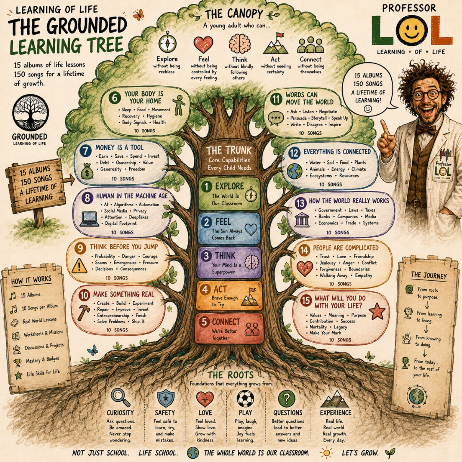 The Grounded Learning Tree showing 15 Learning of Life albums, 150 songs, core capabilities, roots and life lessons