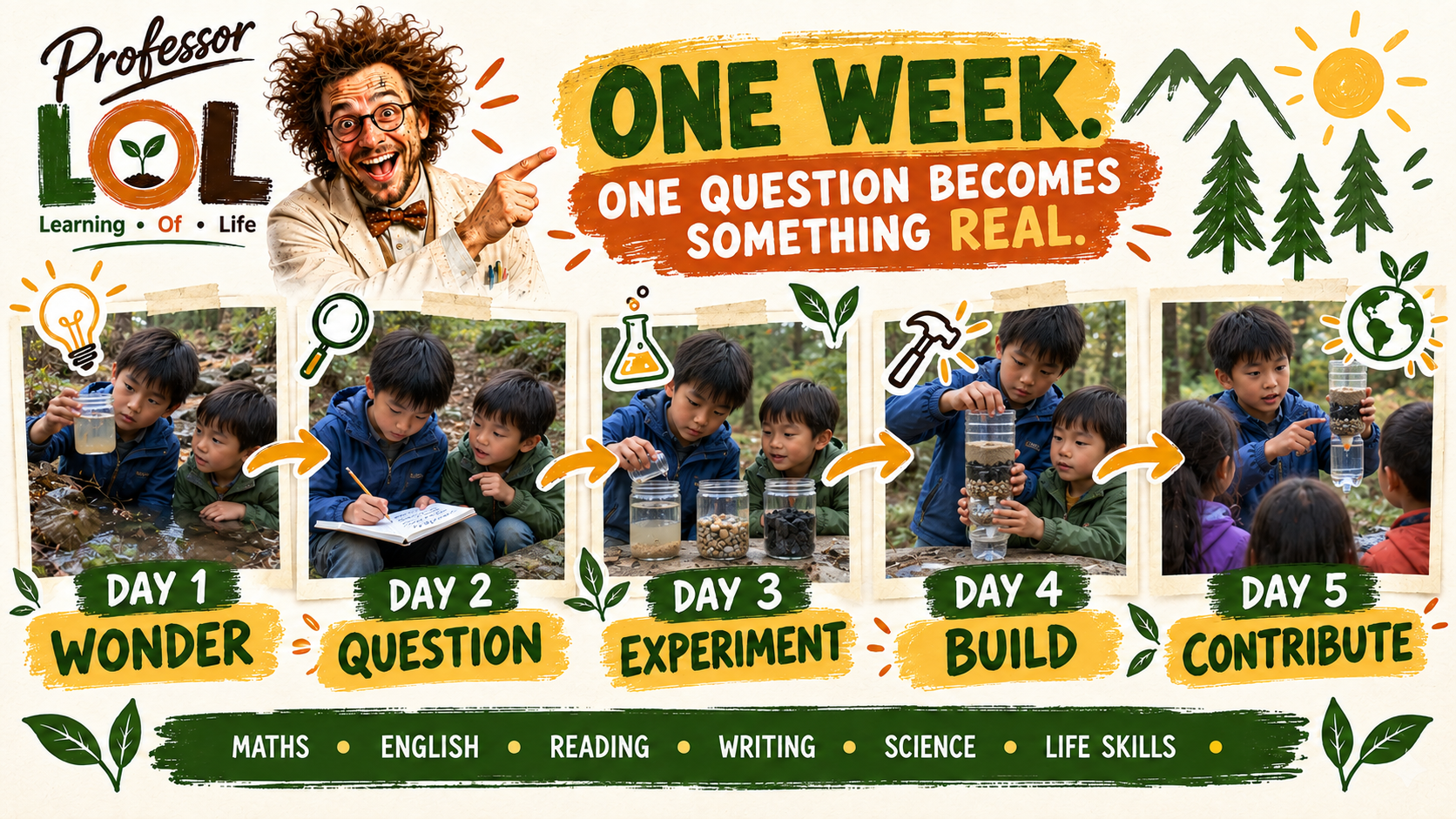 Learning of Life five-day journey: Day 1 Wonder, Day 2 Question, Day 3 Experiment, Day 4 Build and Day 5 Contribute, following two brothers through one water project